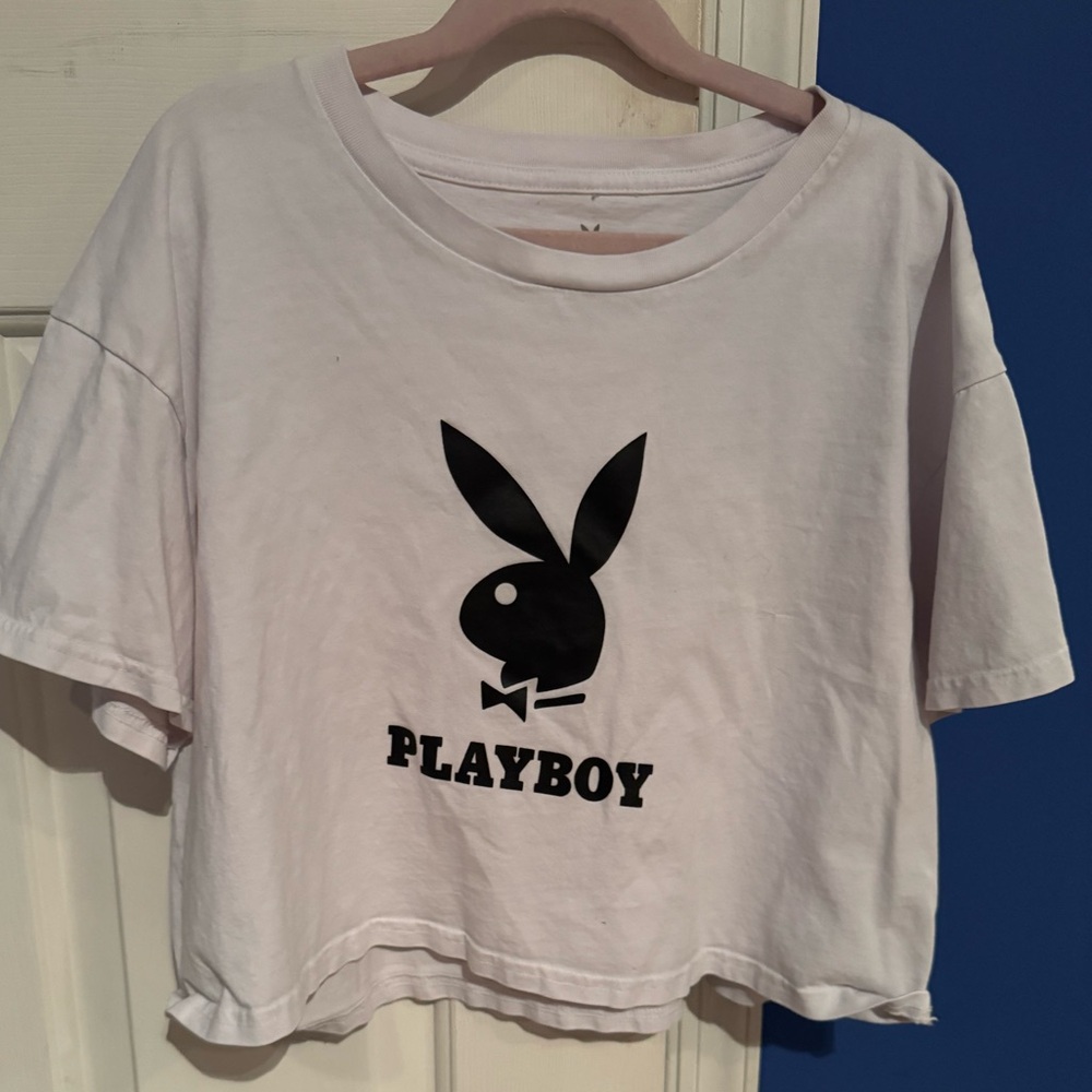 Playboy White Crop Top T-Shirt with Black Bunny Logo
